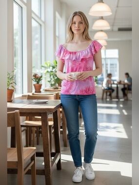 Off-Shoulder Pink Tie-Dye Ruffle Tunic Top